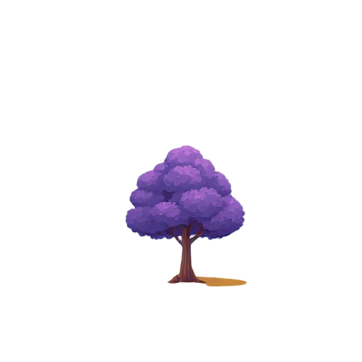a sunny day in a clear field with mountains and some trees, and in the middle, a purple tree