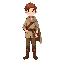 a typical young man, with short brown hair, dressed in simple village clothes: a linen tunic, brown trousers, leather boots and a simple traveler's cloak, standing upright.