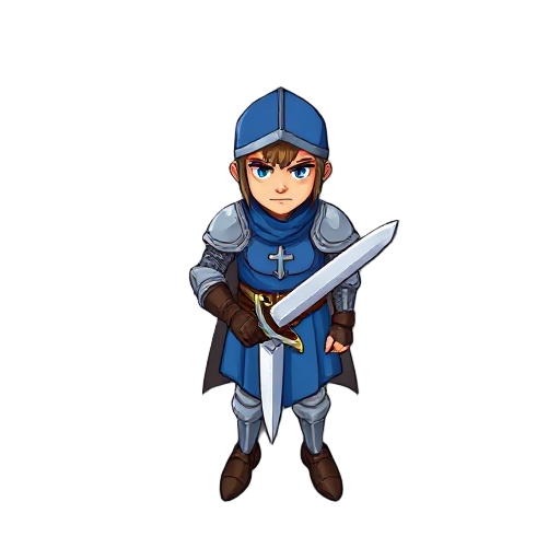 top-down rpg adventure game style, a knight with a blue tunic, silver sword in right hand