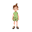 make me a short character, 32x48 with walking animations and idle animations for all four sides, front facing, back, left and right, the character has a ponytail, a light green shirt, shorts and sandals