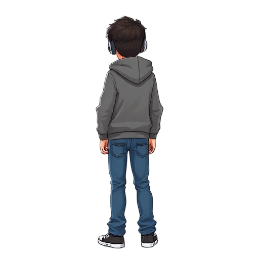 teenage in hoodie,blue jeans,headsets on shoulders back view