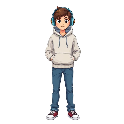 teenage in hoodie,blue jeans,headsets on shoulders