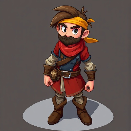 full body concept art of a fantasy adventurer, 2d game style, brown messy hair, golden bandana tied around forehead, wearing a red and navy blue tunic with belts, brown boots, standing in a heroic pose, top-down perspective inspired, vibrant colors.