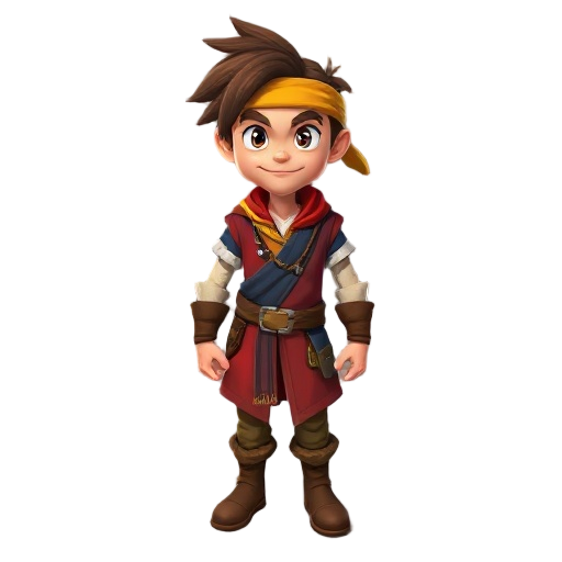 full body concept art of a fantasy adventurer, 2d game style, brown messy hair, golden bandana tied around forehead, wearing a red and navy blue tunic with belts, brown boots, standing in a heroic pose, top-down perspective inspired, vibrant colors.