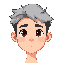 a stylized young male character with a clean, modern design. he has a rounded face with soft features, medium-light skin tone, and large expressive eyes that give him a calm and confident expression. his mouth forms a subtle closed smile. he has messy, la