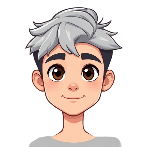 a stylized young male character with a clean, modern design. he has a rounded face with soft features, medium-light skin tone, and large expressive eyes that give him a calm and confident expression. his mouth forms a subtle closed smile. he has messy, la
