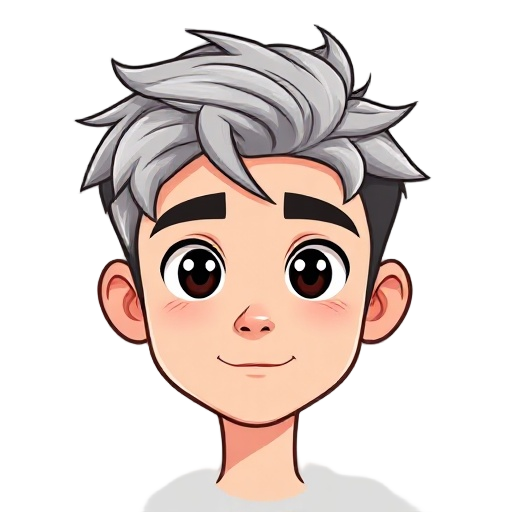 a stylized young male character with a clean, modern design. he has a rounded face with soft features, medium-light skin tone, and large expressive eyes that give him a calm and confident expression. his mouth forms a subtle closed smile. he has messy, la