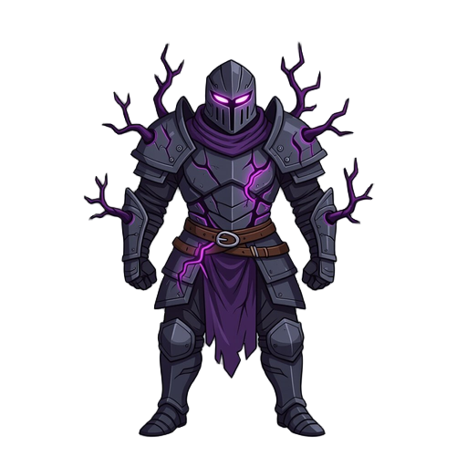 isometric rpg character sprite, full body shot from above, rafael the black swordsman, imposing heavy jagged plate armor fused with writhing dark tendrils and organic corruption. pulsating deep purple and black void energy emitting from cracks in the armo