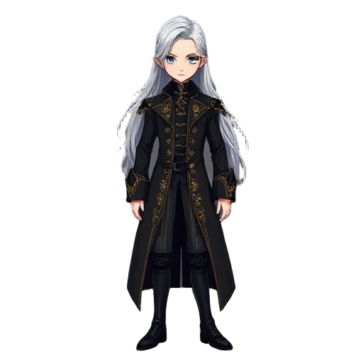 full body character design of a gothic nobleman warrior in the style of ayami kojima and castlevania. long flowing silver hair, pale skin, sharp elegant features. wearing an elaborate black 18th-century frock coat with gold embroidery and a high collar. d