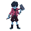 boy humanoid ghost with bluish skin, greenish glowing aura around the head, wearing a zipped pink jacket with a large collar like sasuke's outfit, dark maroon-black shorts, boots with gray soles, holding a large hammer, eerie and supernatural vibe