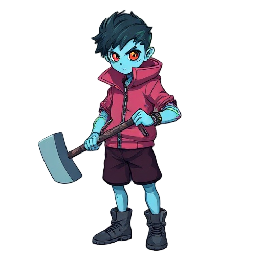boy humanoid ghost with bluish skin, greenish glowing aura around the head, wearing a zipped pink jacket with a large collar like sasuke's outfit, dark maroon-black shorts, boots with gray soles, holding a large hammer, eerie and supernatural vibe