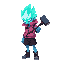 bld mint-blue flame-like spectral head wisp boy humanoid ghost with bluish skin, greenish glowing aura around the head, wearing a zipped pink jacket with a large collar like sasuke's outfit, dark maroon-black shorts, boots with gray soles, holding a large