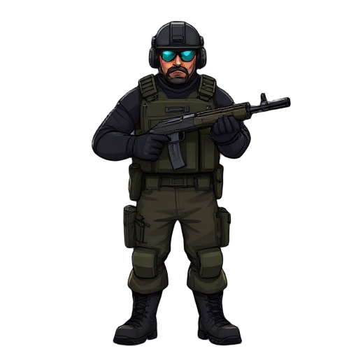 a heavily armed tunnel guard stationed at chokepoints. wears a combat helmet and a thick armored vest over dark clothing. cargo pants and reinforced boots. carries a pump-action shotgun held firmly at chest level. stocky silhouette, wide stance, slow and 