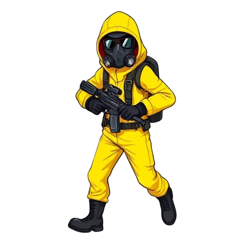 a fast-moving scout wearing a bright yellow hazmat suit with black gloves and boots. fully sealed hood and gas mask obscuring the face. carries a compact machine pistol. slender silhouette contrasts sharply with the environment. moves quickly and erratica