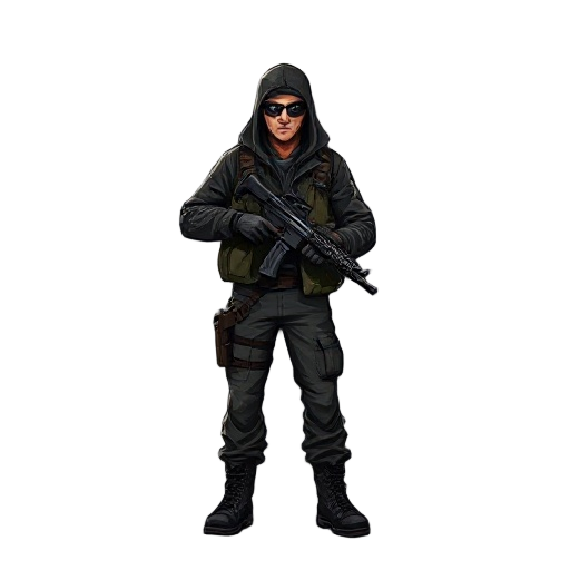a fast-moving urban militant occupying underground utility tunnels. wears terrorist-style civilian combat clothing: dark cargo pants, worn leather jacket, heavy boots. no helmet or armor. carries a compact machine pistol held low and forward. slim build. 