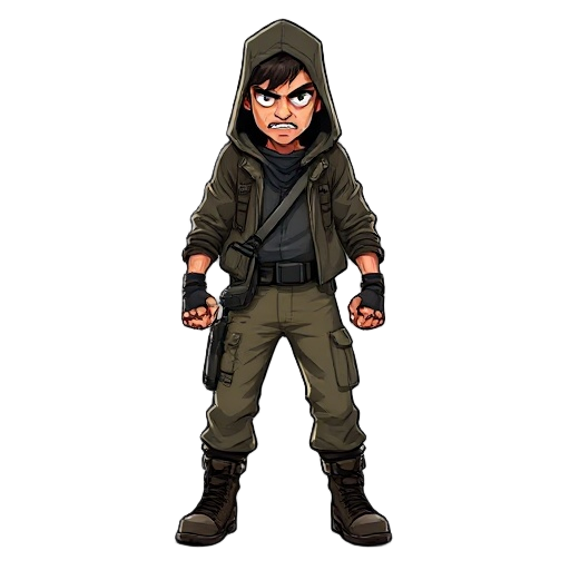 a desperate underground militant who fights barehanded. wears worn terrorist-style civilian clothing: cargo pants, boots, dirty jacket or hoodie. no armor, no helmet. hands clenched into fists, hunched forward posture. looks exhausted, angry, and untraine