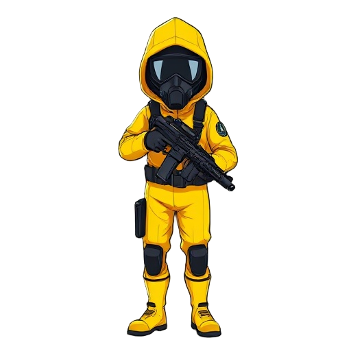 a fast-moving scout wearing a bright yellow hazmat suit with black gloves and boots. fully sealed hood and gas mask obscuring the face. carries a compact machine pistol. slender silhouette contrasts sharply with the environment. faces straight towards the