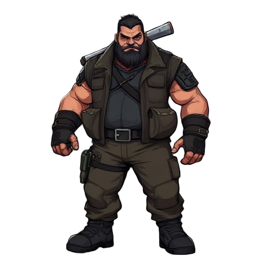 a large, intimidating militant built for close combat. wears heavy civilian clothing: cargo pants, thick leather jacket, combat boots. no helmet, minimal armor. carries a metal bat held loosely at the side or raised overhead. broad shoulders, bulky silhou