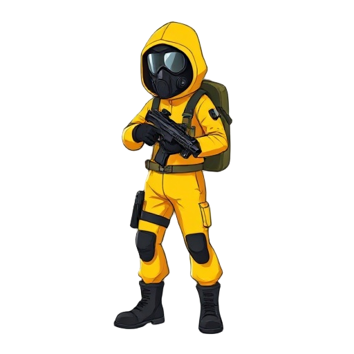 a fast-moving scout wearing a bright yellow hazmat suit with black gloves and boots. fully sealed hood and gas mask obscuring the face. carries a compact machine pistol. slender silhouette contrasts sharply with the environment. faces forward