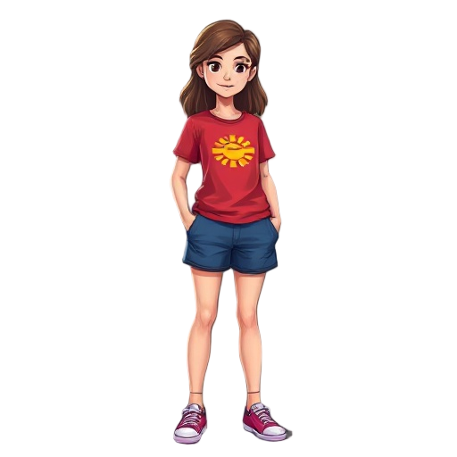  uma adolescente de 15 anos ela tem cabelos longos é loiros ela usa uma camisa de cor vermelha com o símbolo do sol ela usa uma saia de cor azul  e um shorts preto ela usa um tênis de cor rosa