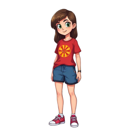  uma adolescente de 15 anos ela tem cabelos longos é loiros ela usa uma camisa de cor vermelha com o símbolo do sol ela usa uma saia de cor azul  e um shorts preto ela usa um tênis de cor rosa