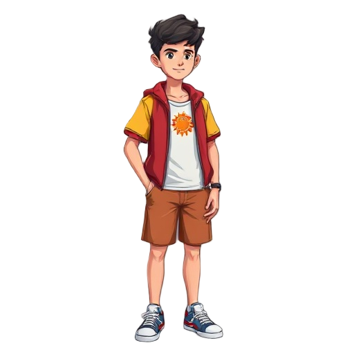  um adolescente de 15 anos ele usa um boné vermelho com o símbolo do sol ele usa uma regata amarela com uma jaqueta de couro vermelha ele usa shorts e a cor azul escuro e chinelos