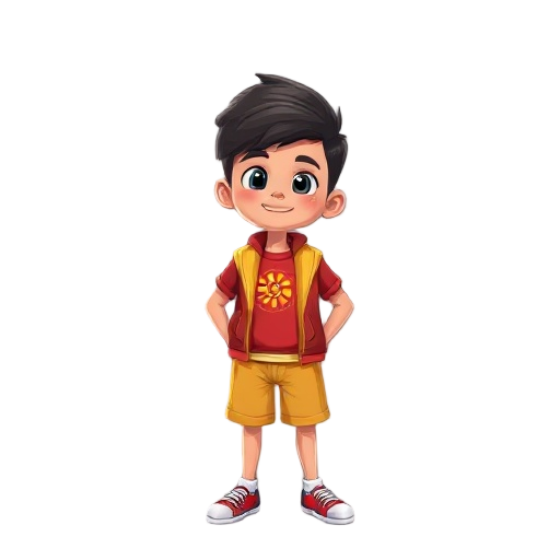 um menino de 10 anos ele usa um boné vermelho com o símbolo do sol ele usa uma regata amarela com uma jaqueta de couro vermelha ele usa shorts e a cor azul escuro e chinelos