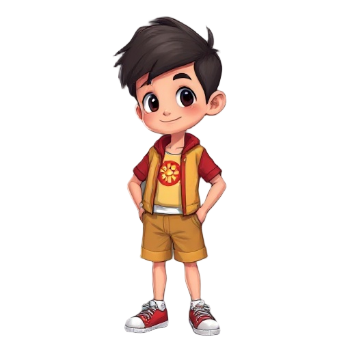 um menino de 10 anos ele usa um boné vermelho com o símbolo do sol ele usa uma regata amarela com uma jaqueta de couro vermelha ele usa shorts e a cor azul escuro e chinelos