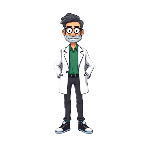  professor que usa um jaleco branco uma camisa verde uma calça azul clara e botas de couro