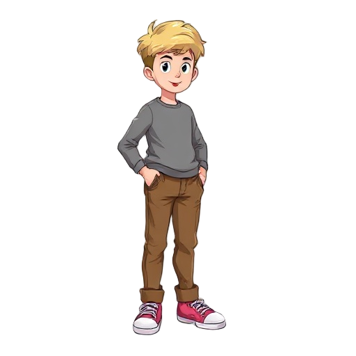 a 15-year-old boy with blond hair is wearing a gray long-sleeved shirt, brown pants, and pink sneakers. 