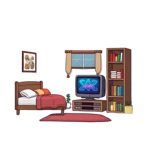 make a room where the bed is on the left side of the room. there will be a bookshelf. ni on the right side and it will have a tv with a video player game in the middle of the room so that the style of the room is rpg 