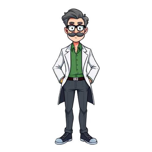  professor que usa um jaleco branco uma camisa verde uma calça azul clara e botas de couro