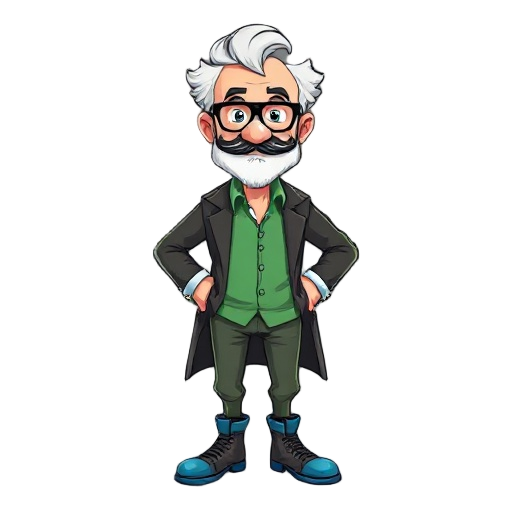 um professor cabelos pretos ele usa um jaleco branco camisa verde calças azuis uma bota de couro