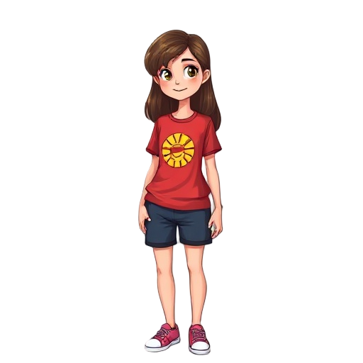  uma adolescente de 15 anos ela tem cabelos longos é loiros ela usa uma camisa de cor vermelha com o símbolo do sol ela usa uma saia de cor azul  e um shorts preto ela usa um tênis de cor rosa
