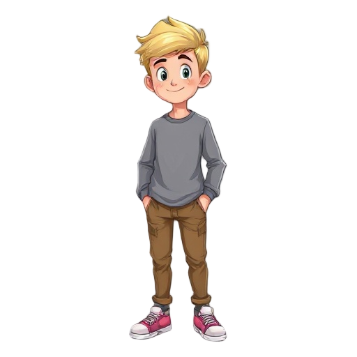 a 15-year-old boy with blond hair is wearing a gray long-sleeved shirt, brown pants, and pink sneakers. 