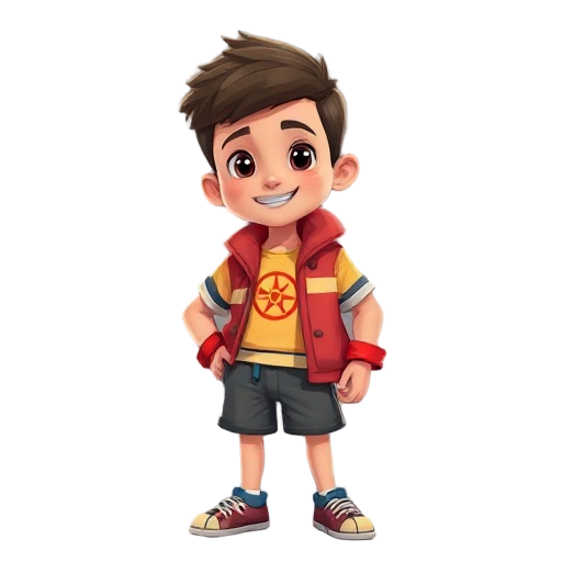 um menino de 10 anos ele usa um boné vermelho com o símbolo do sol ele usa uma regata amarela com uma jaqueta de couro vermelha ele usa shorts e a cor azul escuro e chinelos