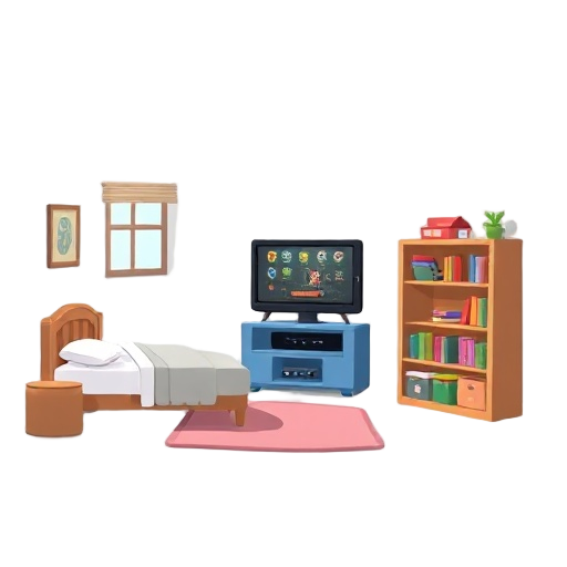 make a room where the bed is on the left side of the room. there will be a bookshelf. ni on the right side and it will have a tv with a video player game in the middle of the room 