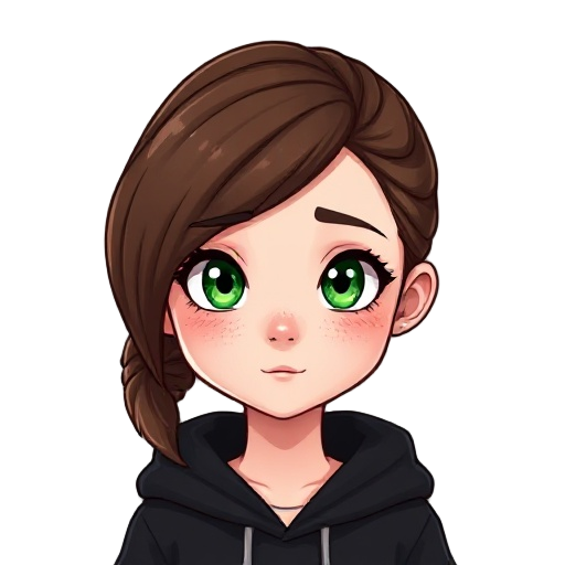 brunette girl, black hoodie, freckles, green eyes, pale skin, side low ponytail
