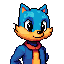 aca um coleho azul com cabeliho com cachecol laranja roupa  amarela calca roxa com listras brancas e um tenis vermelho mais faca ele cabecudo e bonitniho para um jogo de rpg