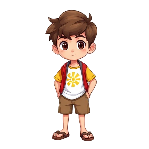 a mini version of a teenager he has brown hair he's wearing a white shirt with it has a short yellow sleeve and a sun symbol on the shirt. epe is wearing a red jacket elemusa a brown shorts he wears flip-flops 