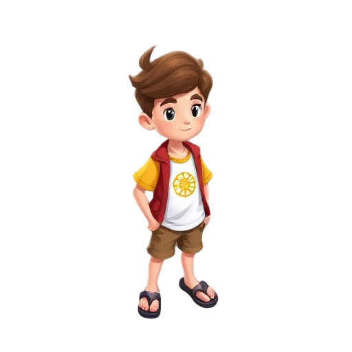 a mini version of a teenager he has brown hair he's wearing a white shirt with it has a short yellow sleeve and a sun symbol on the shirt. epe is wearing a red jacket elemusa a brown shorts he wears flip-flops 