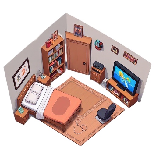 from above the room make a room where the bed is on the left side of the room. there will be a bookshelf. ni on the right side and it will have a tv with a video player game in the middle of the room place a door near the book shelf 