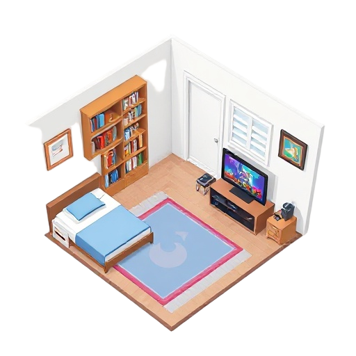 from above the room make a room where the bed is on the left side of the room. there will be a bookshelf. ni on the right side and it will have a tv with a video player game in the middle of the room place a near the door the book shelf the