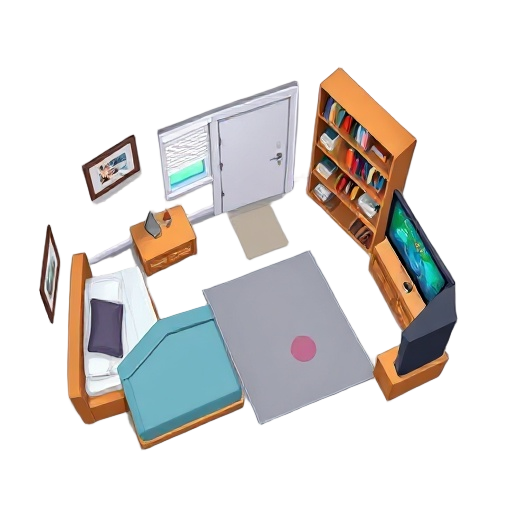 from above the room make a room where the bed is on the left side of the room. there will be a bookshelf. ni on the right side and it will have a tv with a video player game in the middle of the room place a door near the book shelf 