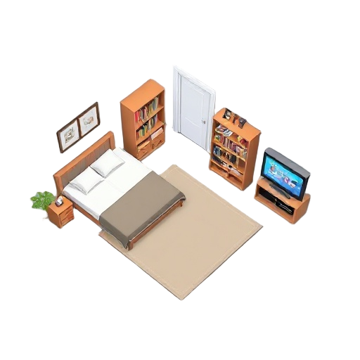 from above the room make a room where the bed is on the left side of the room. there will be a bookshelf. ni on the right side and it will have a tv with a video player game in the middle of the room place a near the door the book shelf the