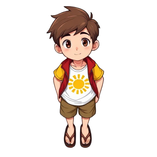 a chib version of a teenager he has brown hair he's wearing a white shirt with it has a short yellow sleeve and a sun symbol on the shirt. epe is wearing a red jacket elemusa a brown shorts he wears flip-flops 
