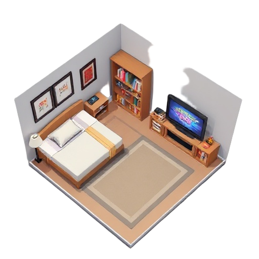 from above the room make a room where the bed is on the left side of the room. there will be a bookshelf. ni on the right side and it will have a tv with a video player game in the middle of the room place a near the door the book shelf the