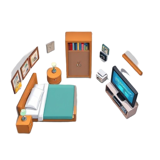 from above the room make a room where the bed is on the left side of the room. there will be a bookshelf. ni on the right side and it will have a tv with a video player game in the middle of the room place a door near the book shelf 
