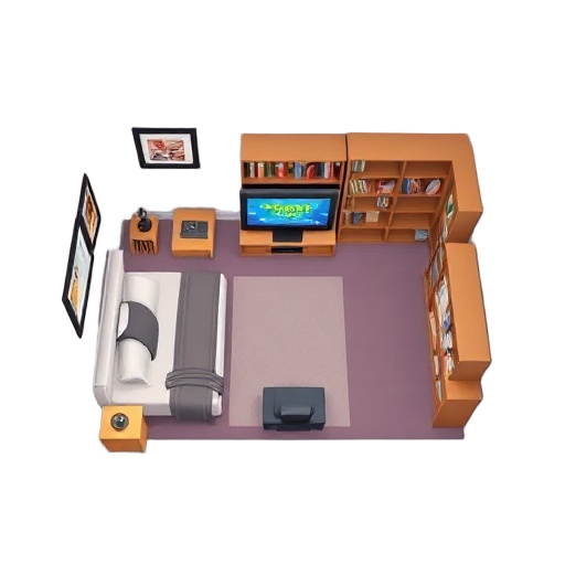 from above the room make a room where the bed is on the left side of the room. there will be a bookshelf. ni on the right side and it will have a tv with a video player game in the middle of the room 