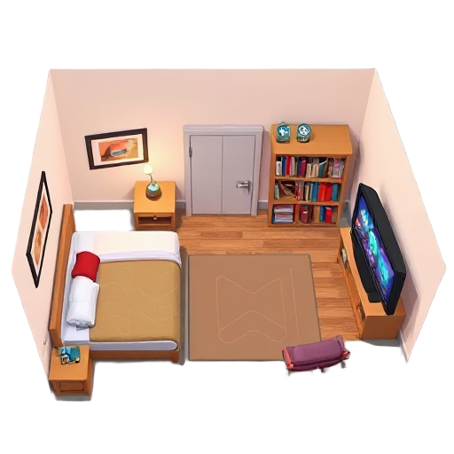 from above the room make a room where the bed is on the left side of the room. there will be a bookshelf. ni on the right side and it will have a tv with a video player game in the middle of the room place a door near the book shelf 